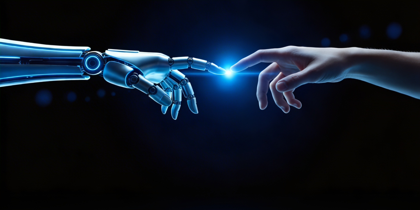 A robotic hand and a human hand reaching toward each other, symbolising the partnership between human teams and AI powered chatbot technology.